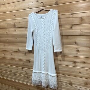 White L/S Sweater Dress Size Small Cable Knit Faux Feather Hem Holiday‎ Glam